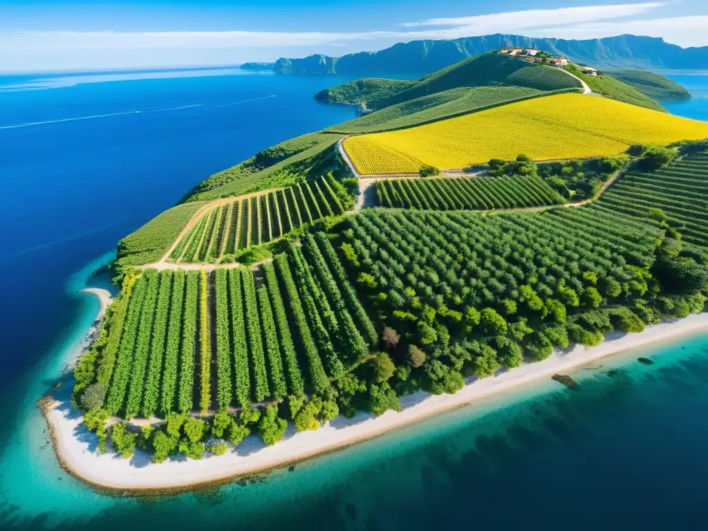 Vistas aéreas impresionantes de viñedos en isla remota Vista aérea impresionante de una isla remota rodeada de aguas cristalinas, con viñedos verdes y bodegas rústicas