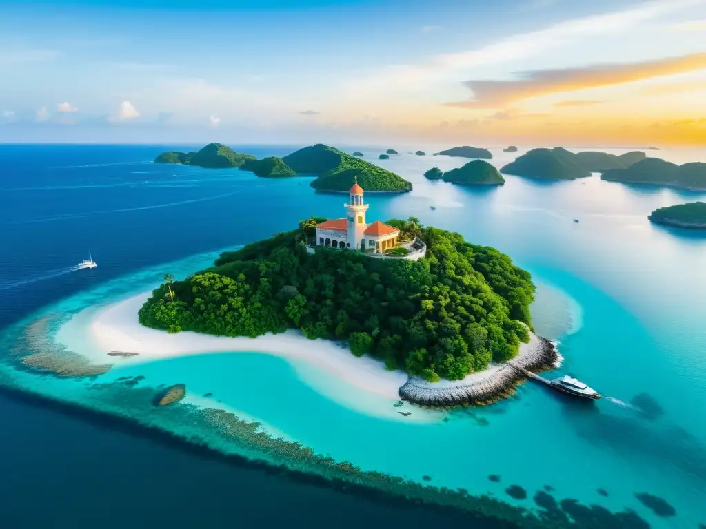 Fortalezas costeras en isla privada: atardecer de lujo Vista aérea impresionante de isla privada con torres de vigilancia, rodeada de aguas turquesas y exuberante vegetación al atardecer