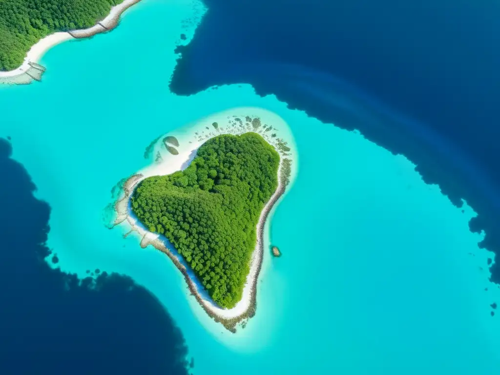 Isla remota: Belleza natural y conservación del agua Vista aérea impresionante de una isla remota rodeada de aguas cristalinas, destacando la conservación del recurso hídrico en islas remotas