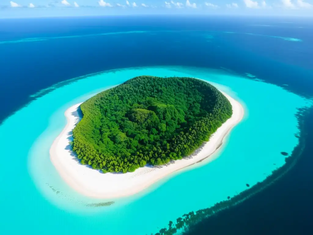 Isla remota: paraíso natural en aguas turquesas Vista aérea impresionante de una isla remota, con aguas turquesas, arrecifes de coral y exuberante vegetación
