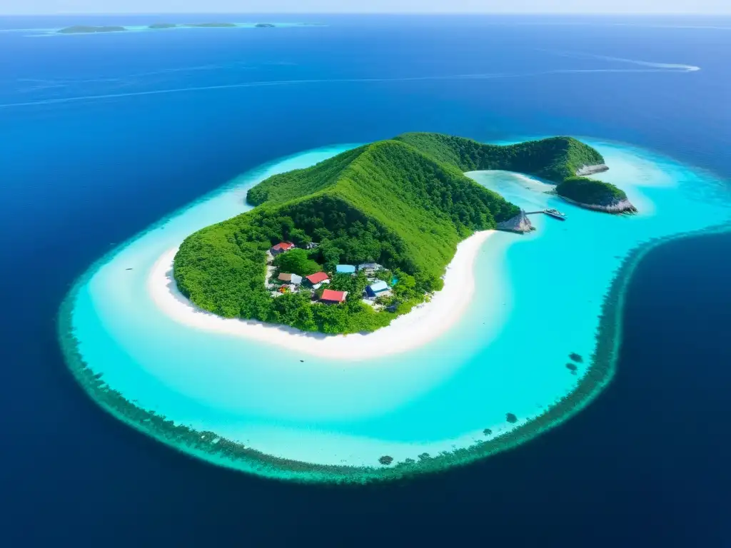 Isla remota: Paraíso turquesa y serenidad Vista aérea impresionante de isla remota, aguas turquesa cristalinas, aldea pesquera colorida