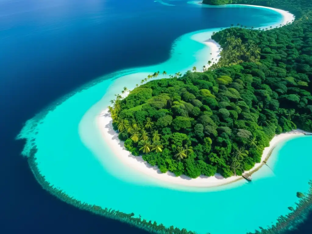 Isla tropical paradisíaca: selva exuberante y aguas cristalinas Vista aérea impresionante de una isla tropical exuberante rodeada por aguas turquesa cristalinas