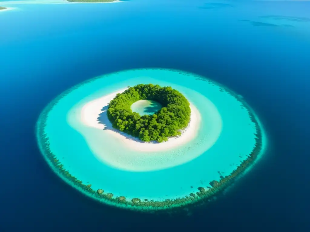Isla remota: paraíso de aguas turquesas y exuberante naturaleza Vista aérea impresionante de una isla remota rodeada de aguas turquesas cristalinas y exuberante vegetación