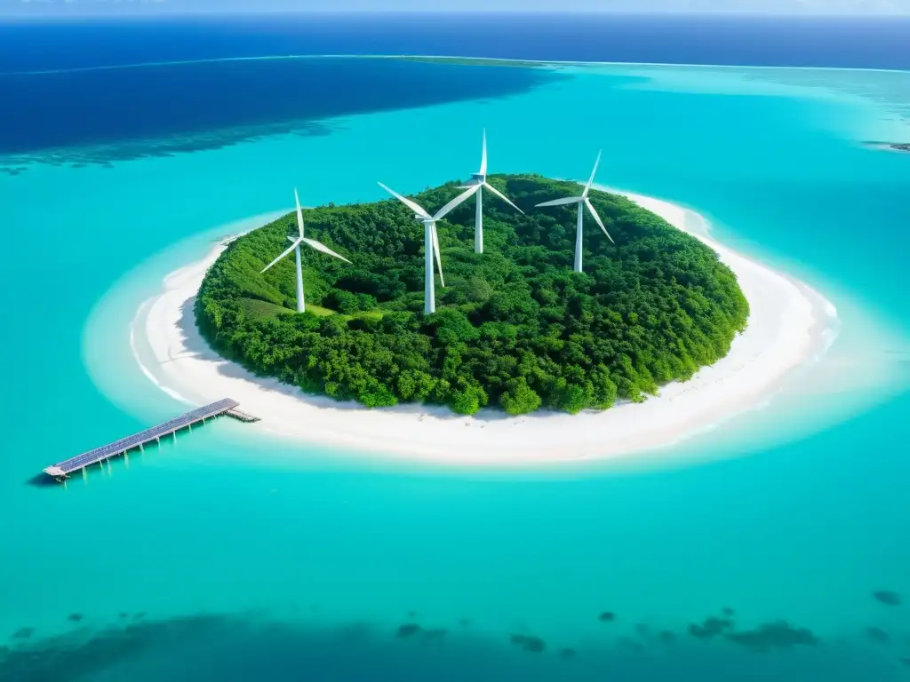 Isla remota: belleza natural y energía sostenible Vista aérea impresionante de isla remota con energía sostenible integrada, destacando el consumo responsable en islas remotas
