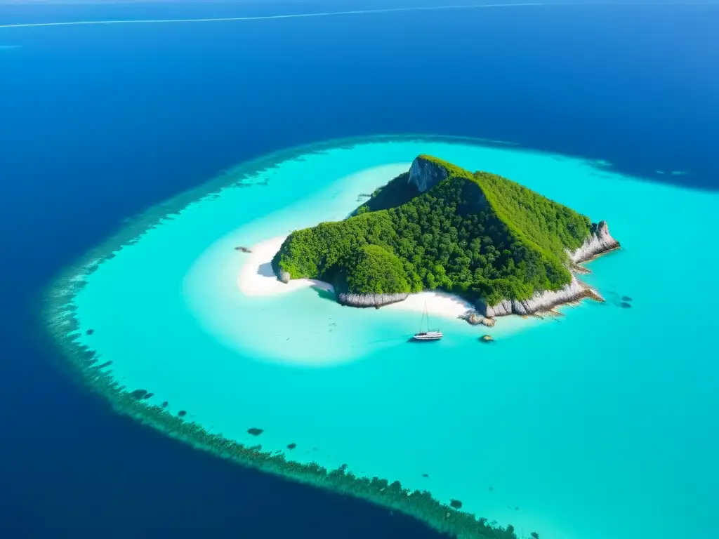 Isla remota: Paraíso de aguas cristalinas y exuberante naturaleza Vista aérea impresionante de isla remota