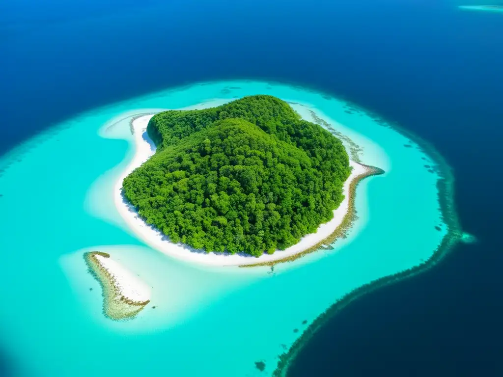 Paraíso natural: Isla remota y su diversa vida salvaje Vista aérea impresionante de una isla remota rodeada de aguas turquesa cristalinas, con exuberante vegetación y vida silvestre diversa