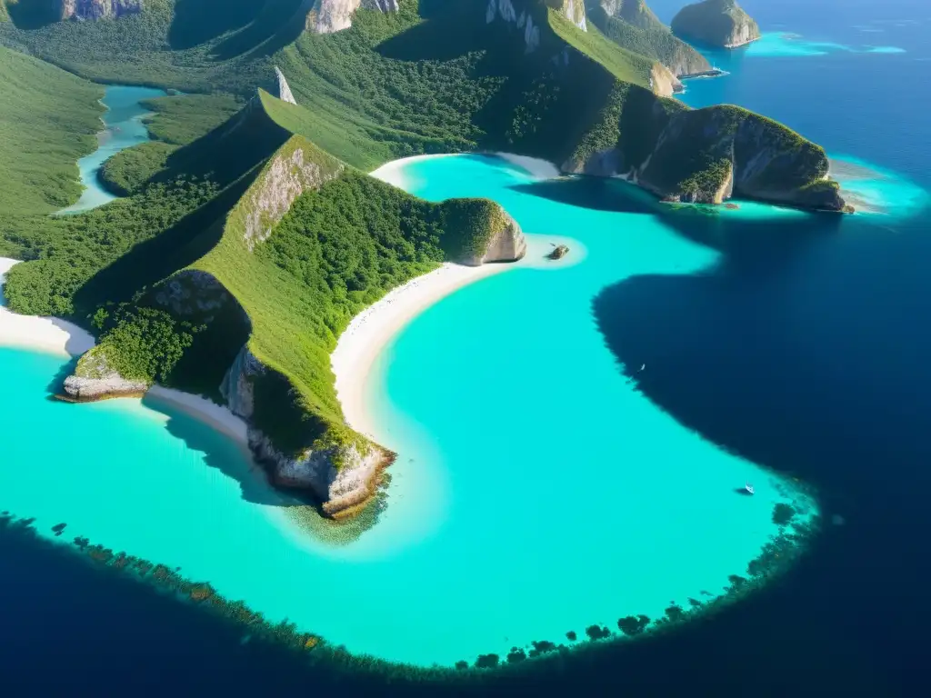 Isla remota: belleza natural y misterio Vista aérea impresionante de una isla remota rodeada de aguas turquesas, con exuberante vegetación cubriendo su terreno