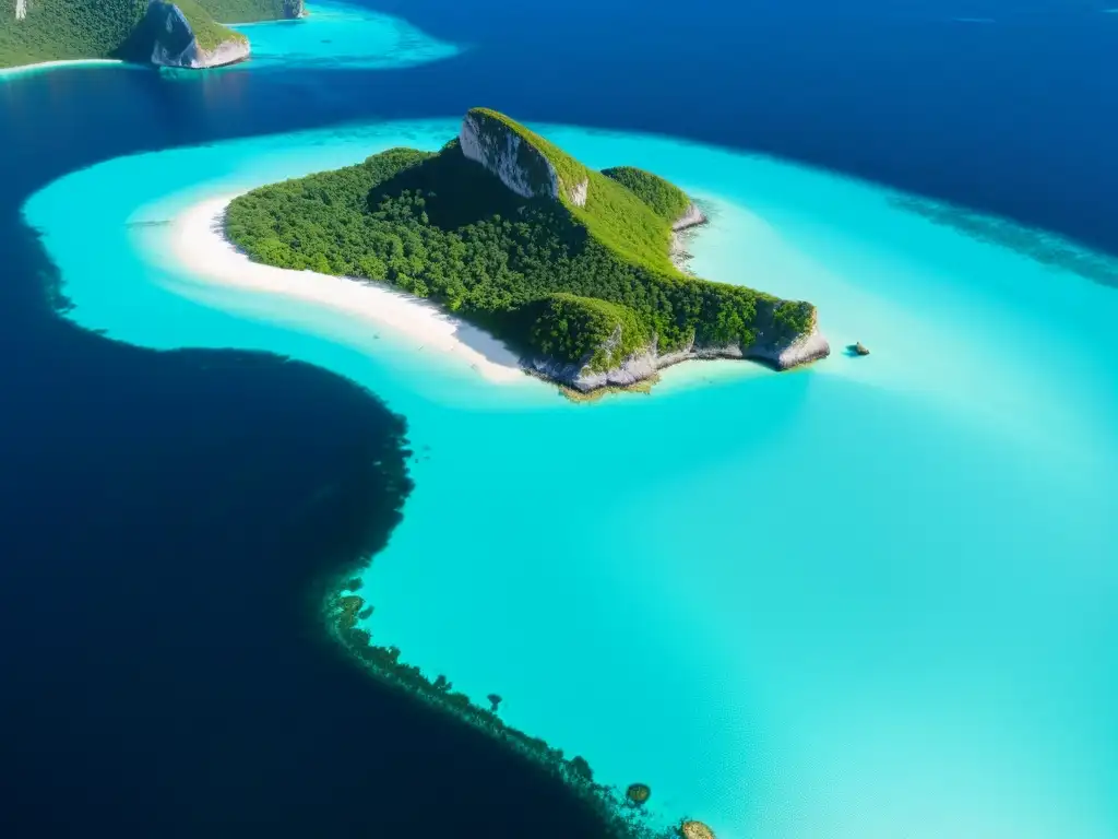 Isla remota: paraísos ocultos y naturaleza virgen Vista aérea impresionante de isla remota e inexplorada, con aguas turquesa cristalinas y exuberante vegetación