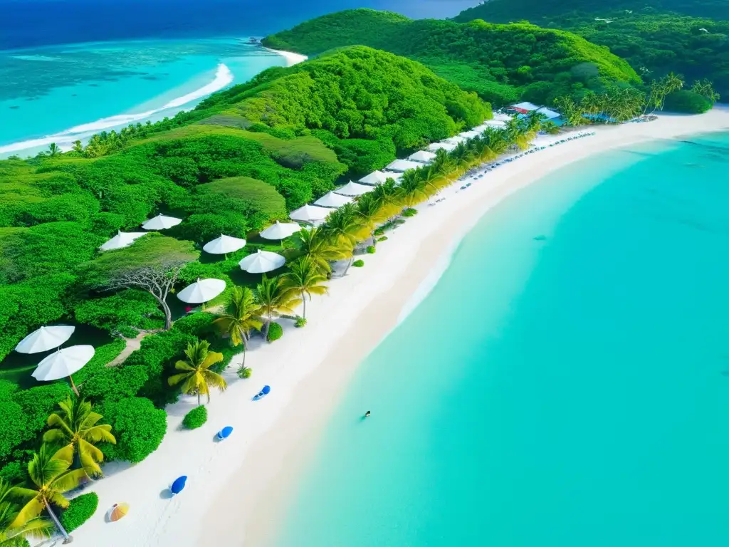 Playas de San Vicente y las Granadinas: paraíso caribeño Vista aérea impresionante de las playas de San Vicente y las Granadinas, con aguas turquesas cristalinas, sombrillas coloridas y yates de lujo