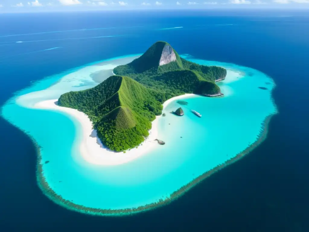 Isla remota de Indonesia: aguas turquesas y exuberante vegetación Vista aérea impresionante de una remota isla de Indonesia, rodeada de aguas turquesa y arrecifes de coral