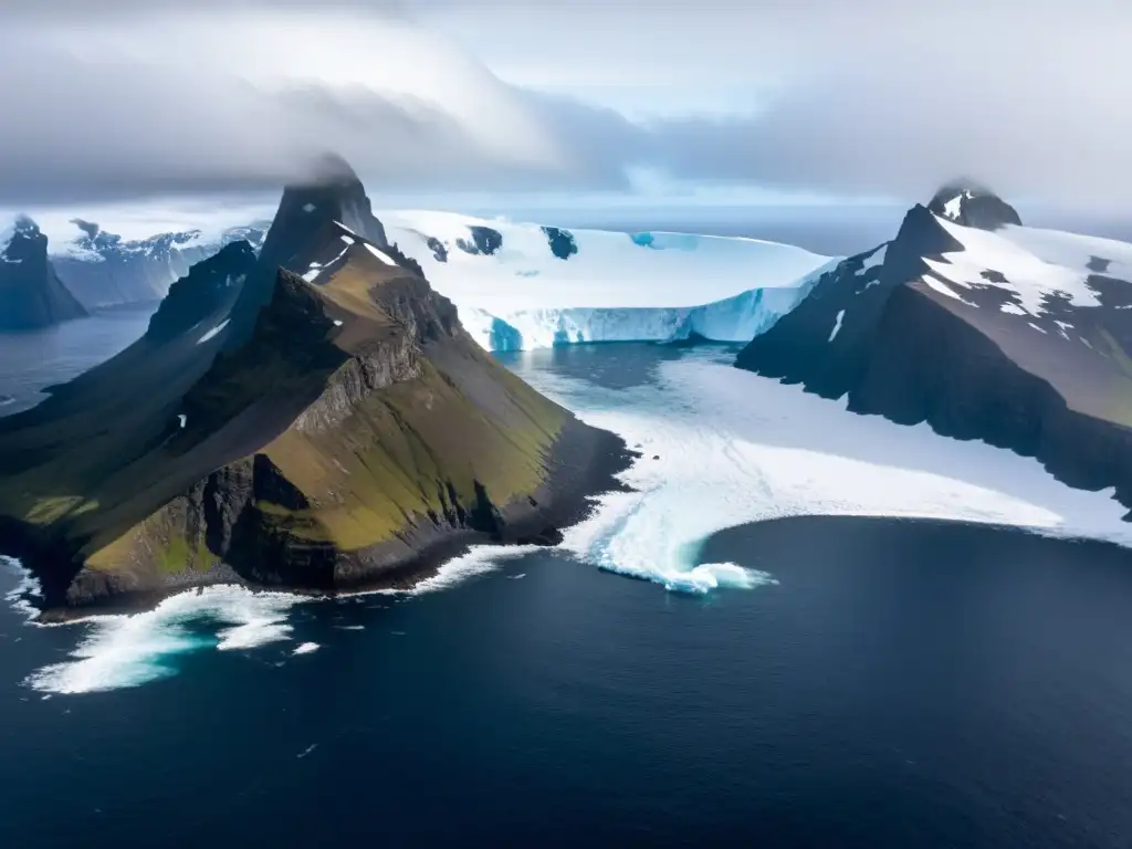 Desolada belleza de la remota Isla Bouvet: paisaje helado y misterioso Vista aérea impresionante de la remota e inhóspita Isla Bouvet, con su costa escarpada y terreno helado