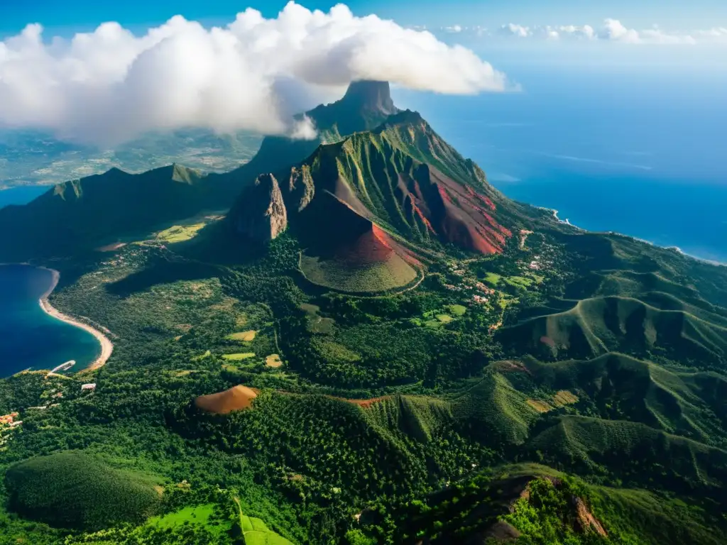 Vista aérea impactante del volcán activo de Montserrat Vista aérea impresionante de Montserrat, con el volcán activo en el centro