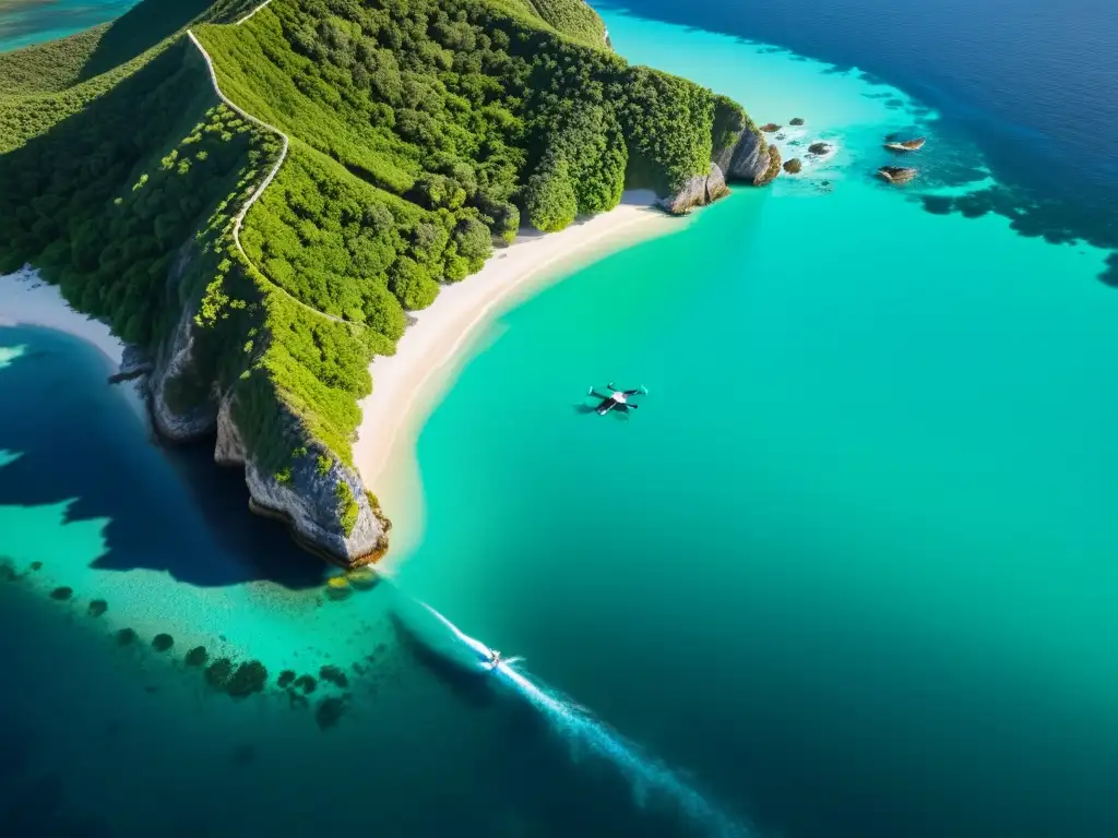 Paraísos naturales: isla virgen capturada por drone Vista aérea de una isla virgen con aguas turquesa, exuberante vegetación y costa escarpada