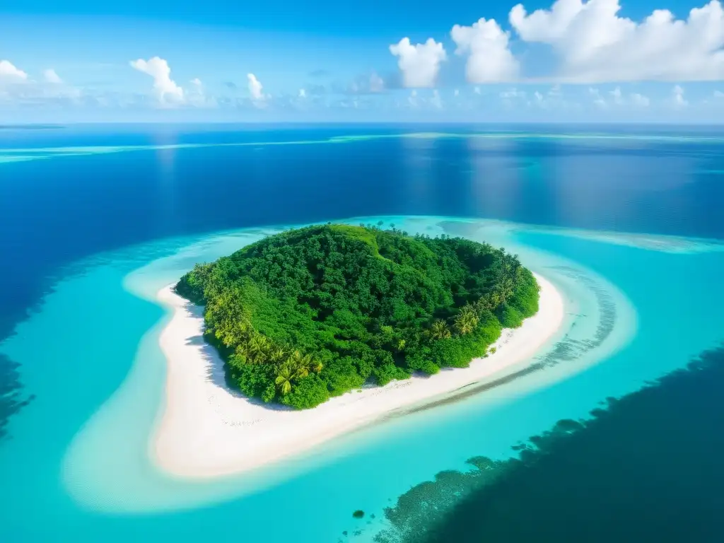Isla remota: paraísos sin dueño Vista aérea de una isla deshabitada, exuberante y rodeada de aguas turquesas