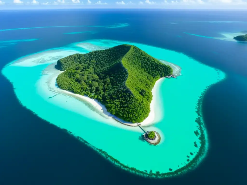 Paraíso tropical: isla verde rodeada de aguas turquesa Vista aérea de isla exuberante rodeada de aguas turquesa
