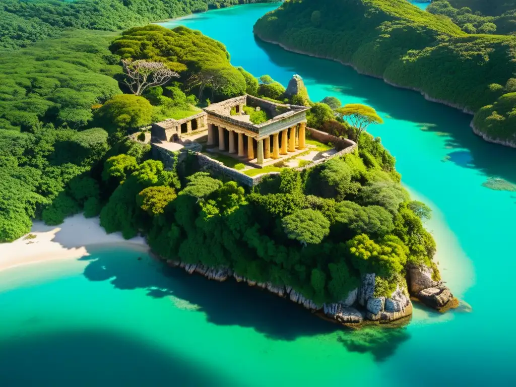 Misteriosa isla verde con ruinas antiguas Vista aérea de una isla exuberante con aguas turquesas cristalinas y ruinas antiguas entre la densa vegetación