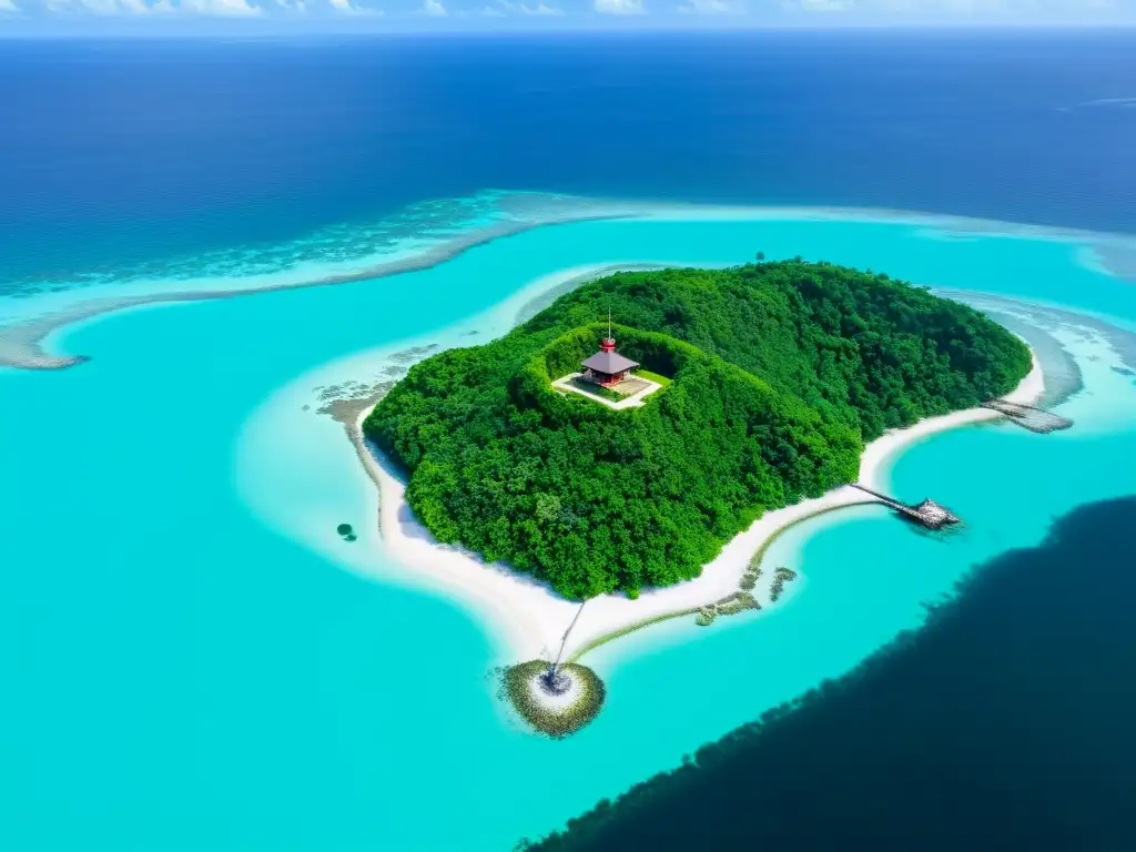 Vigilancia y belleza en isla privada Vista aérea de isla privada con torres de vigilancia estratégicamente ubicadas