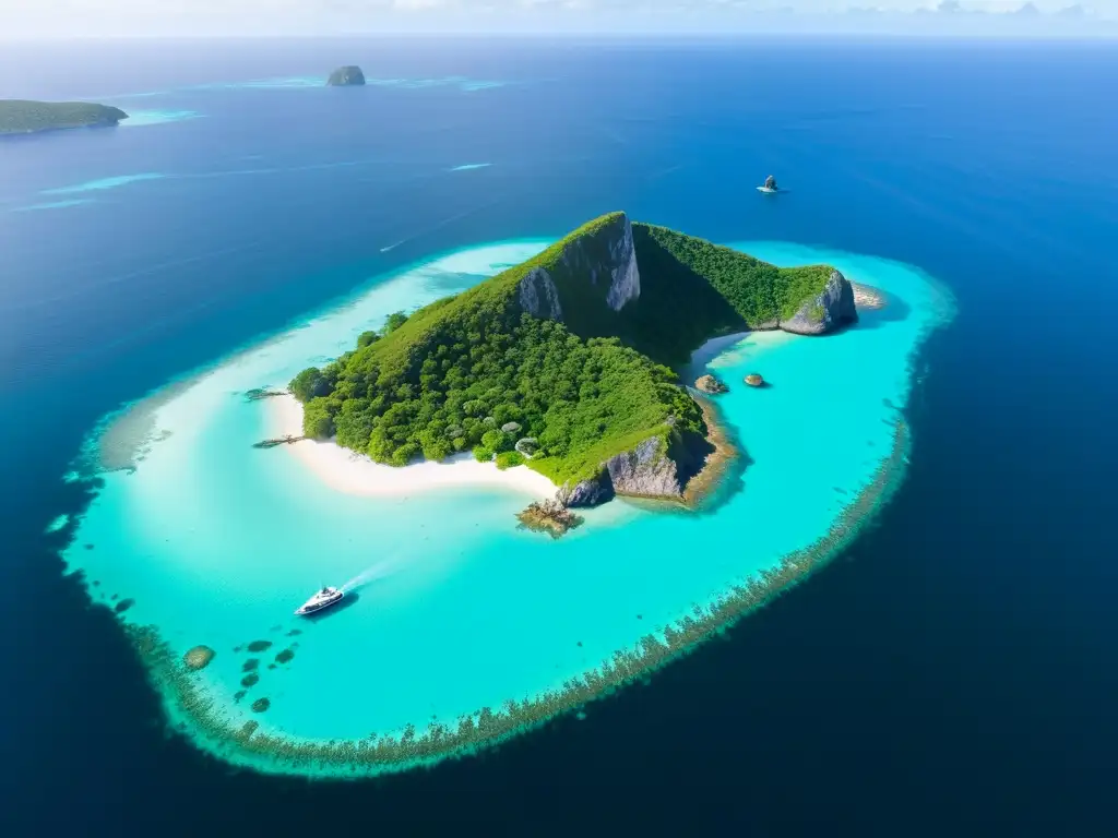Paraíso natural: isla remota bañada por aguas turquesas Vista aérea de una isla remota, rodeada de aguas cristalinas y exuberante vegetación