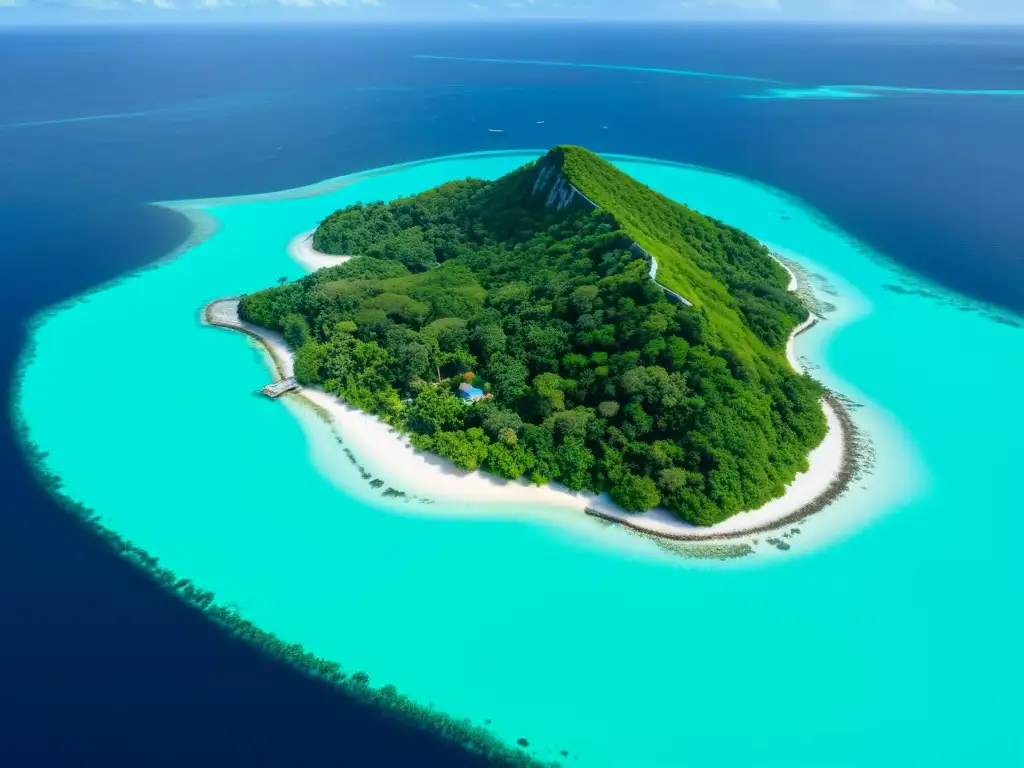 Isla remota: naturaleza y tecnología en armonía Vista aérea de una isla remota con casas coloridas y una ciudad futurista en el horizonte