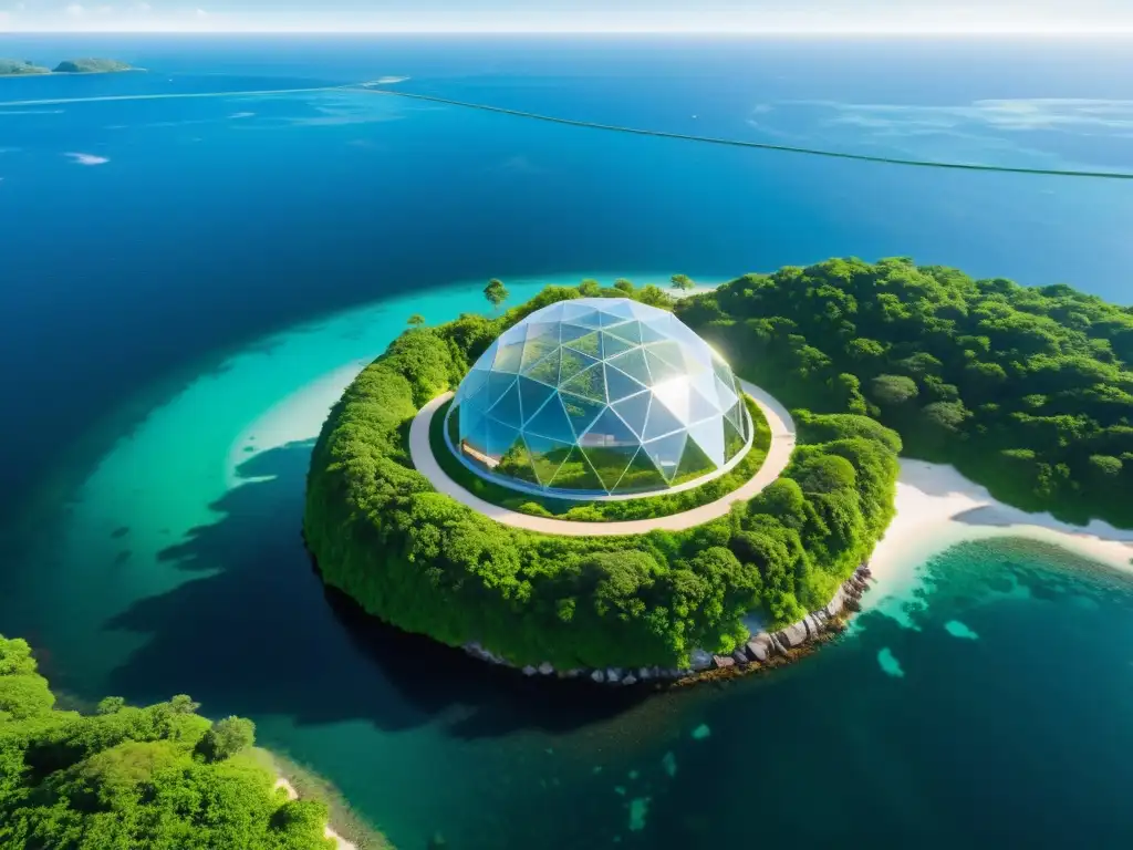 Espléndida cúpula geodésica en isla remota Vista aérea de cúpula geodésica en isla remota