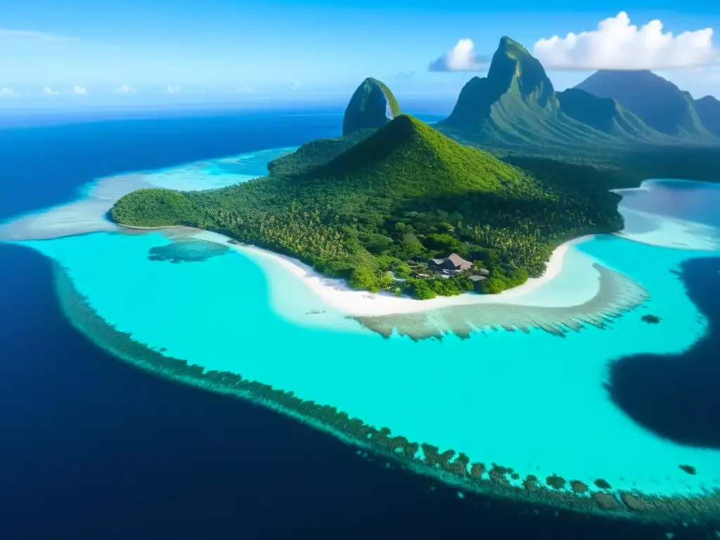 Paraíso verde: isla remota con cultura y arrecifes Vista aérea de isla remota, con arrecifes de coral coloridos, comunidades locales y montañas, resaltando la conservación de islas remotas y su cultura