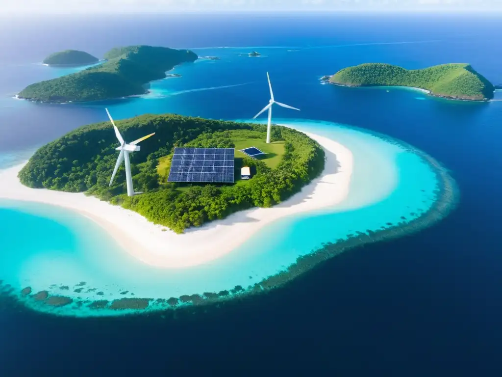 Isla remota: energía renovable en armonía Vista aérea de una isla remota rodeada de aguas azules, con un sistema de energía renovable autónomo entre exuberante vegetación