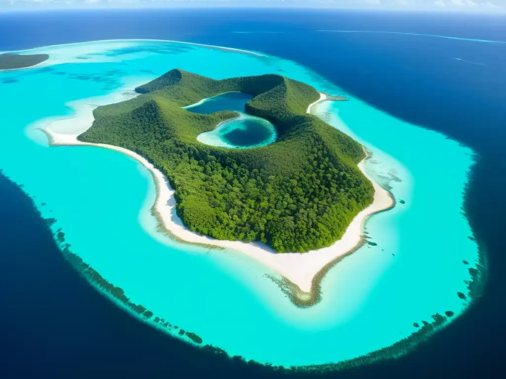 Paraíso insular: biodiversidad y aguas turquesas Vista aérea de isla remota con ecosistemas biodiversos y vida marina