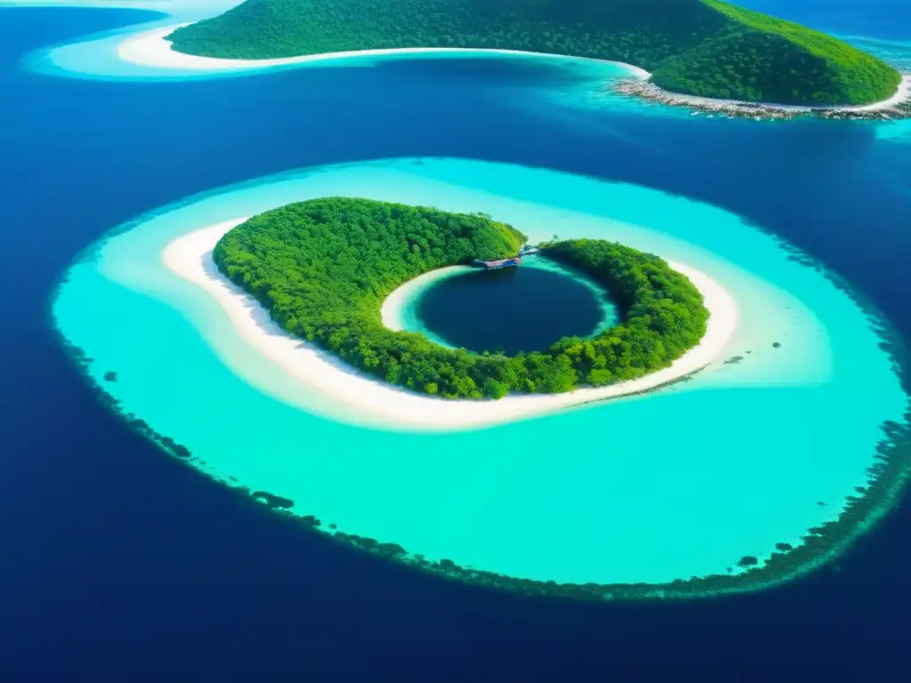 Isla eco-sostenible: gestión innovadora de residuos en paraíso natural Vista aérea de isla remota con soluciones innovadoras gestión residuos islas, edificios ecológicos y belleza natural