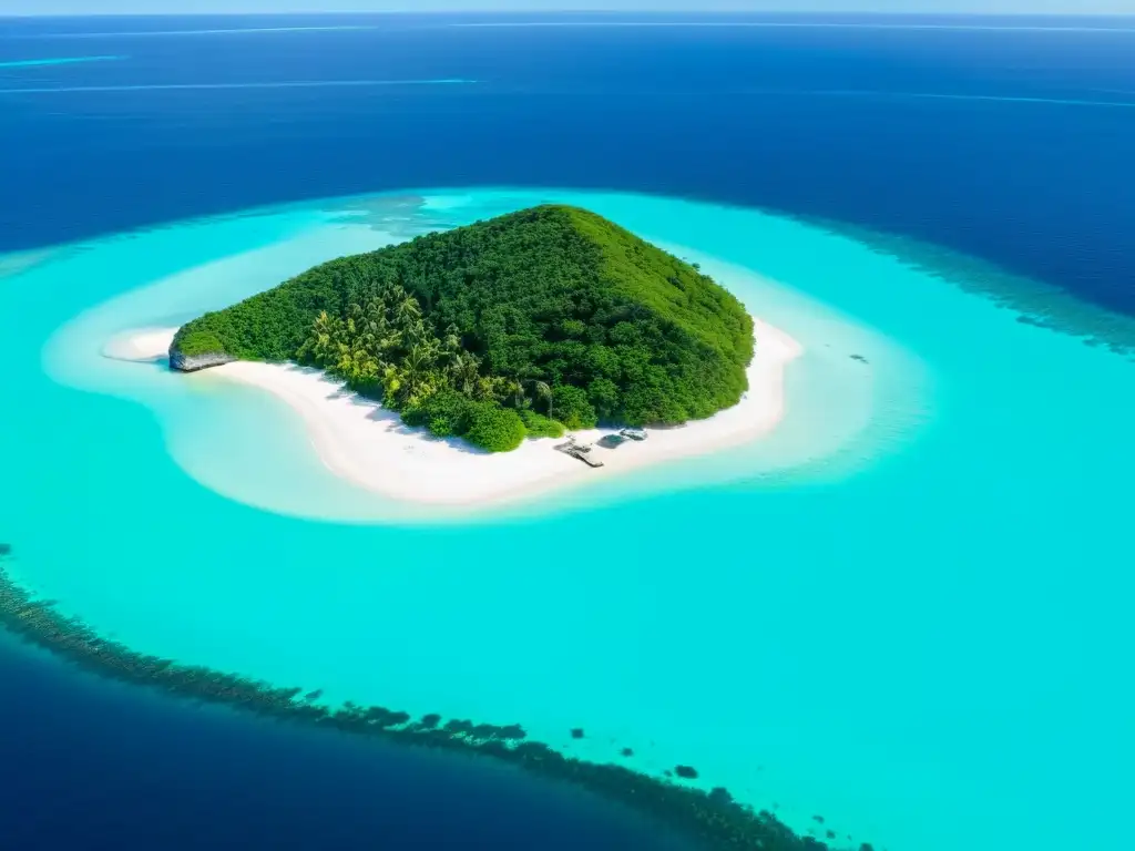Isla remota: belleza natural y sostenibilidad Vista aérea de isla remota con comunidad sostenible y turismo consciente en islas remotas