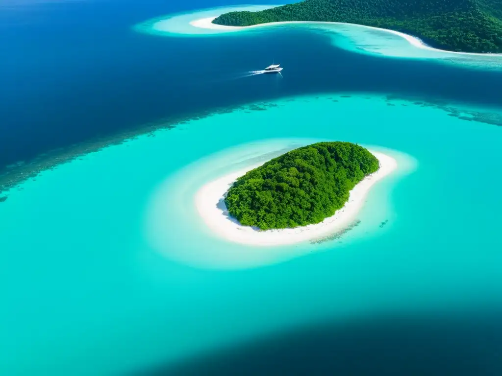 Isla remota: paraísos naturales inexplorados Vista aérea de una isla remota rodeada de aguas turquesa cristalinas, resaltando su belleza natural