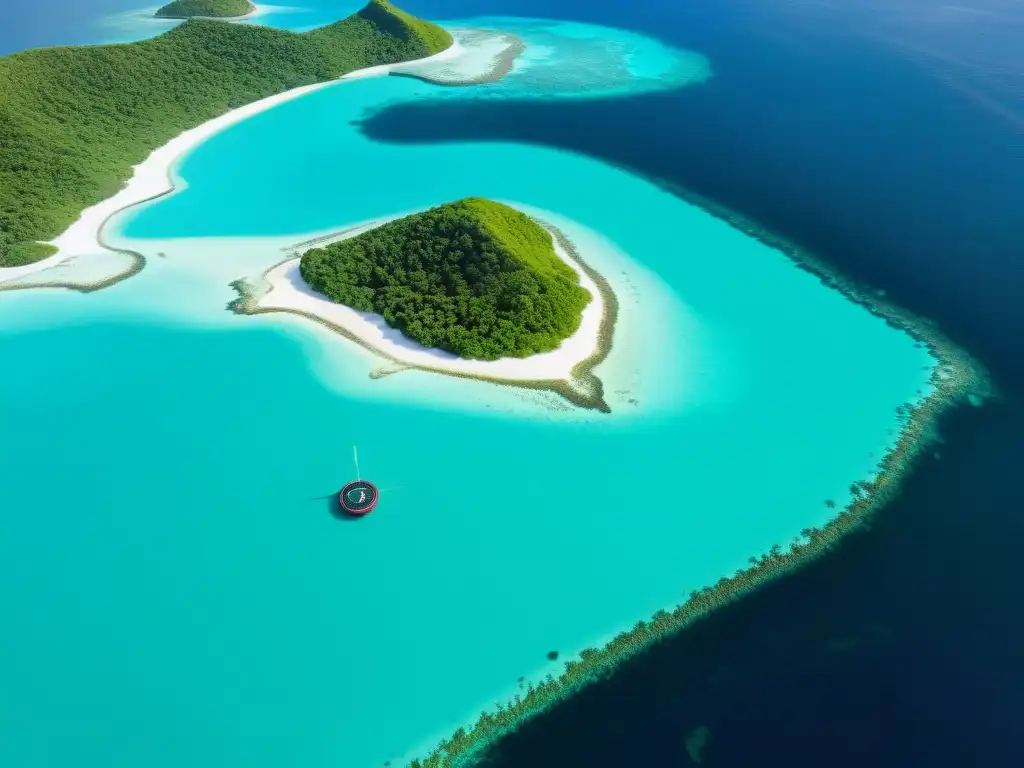Encuentro de tecnología y tradición en una isla remota Vista aérea de una isla remota rodeada de aguas turquesas, con GPS y brújula