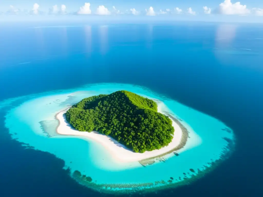 Paraíso remoto: isla virgen y aguas turquesas Vista aérea de una isla remota con aguas cristalinas y arrecifes de coral
