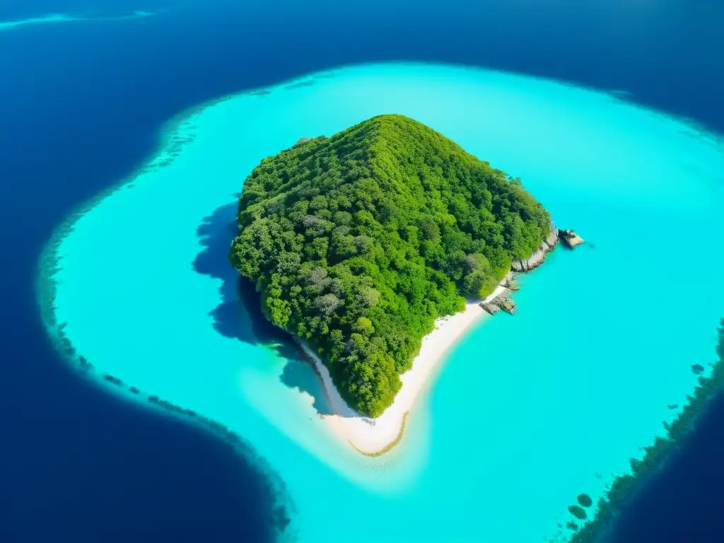 Exploración dron: Isla remota de belleza natural Vista aérea de isla remota rodeada de aguas turquesa, con dron capturando su belleza natural