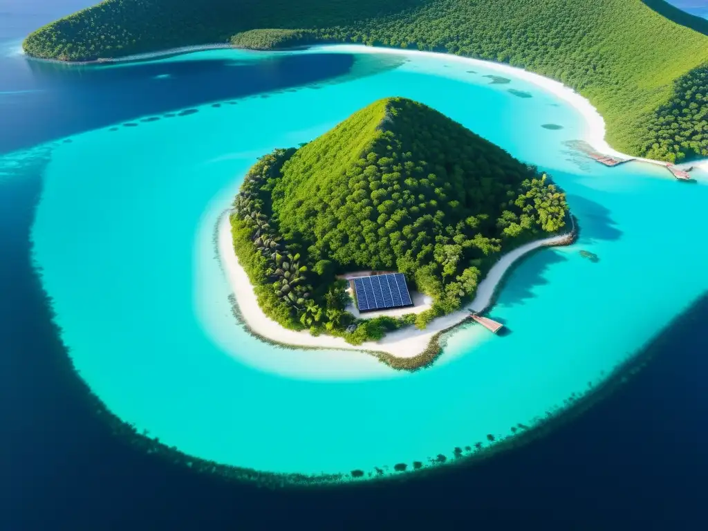 Paraíso sustentable: isla remota en armonía Vista aérea de isla remota con ecoresort sostenible integrado en la naturaleza y tecnologías eco