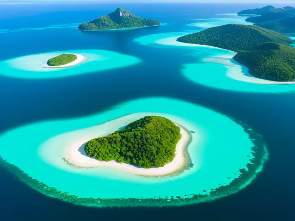 Isla remota: belleza serena y gestión del agua Vista aérea de una isla remota con aguas turquesas y vegetación exuberante, resaltando la importancia del consumo responsable en islas remotas