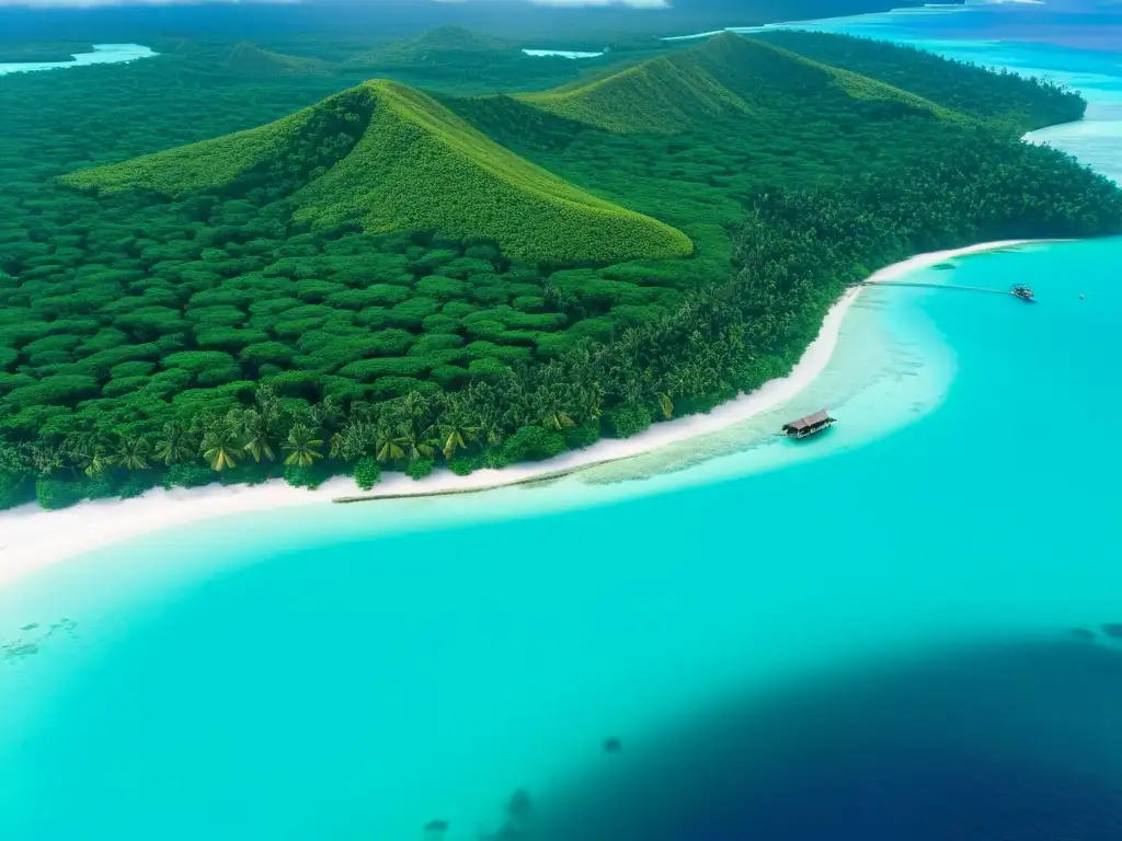 Isla remota en Micronesia: tradición y tecnología en el Pacífico Vista aérea de isla remota en Micronesia, con contraste entre tradición y tecnología