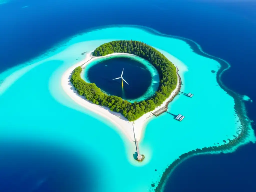 Isla remota: energía sostenible y belleza natural Vista aérea de una isla remota con energía solar y eólica, evocando el consumo responsable en islas remotas