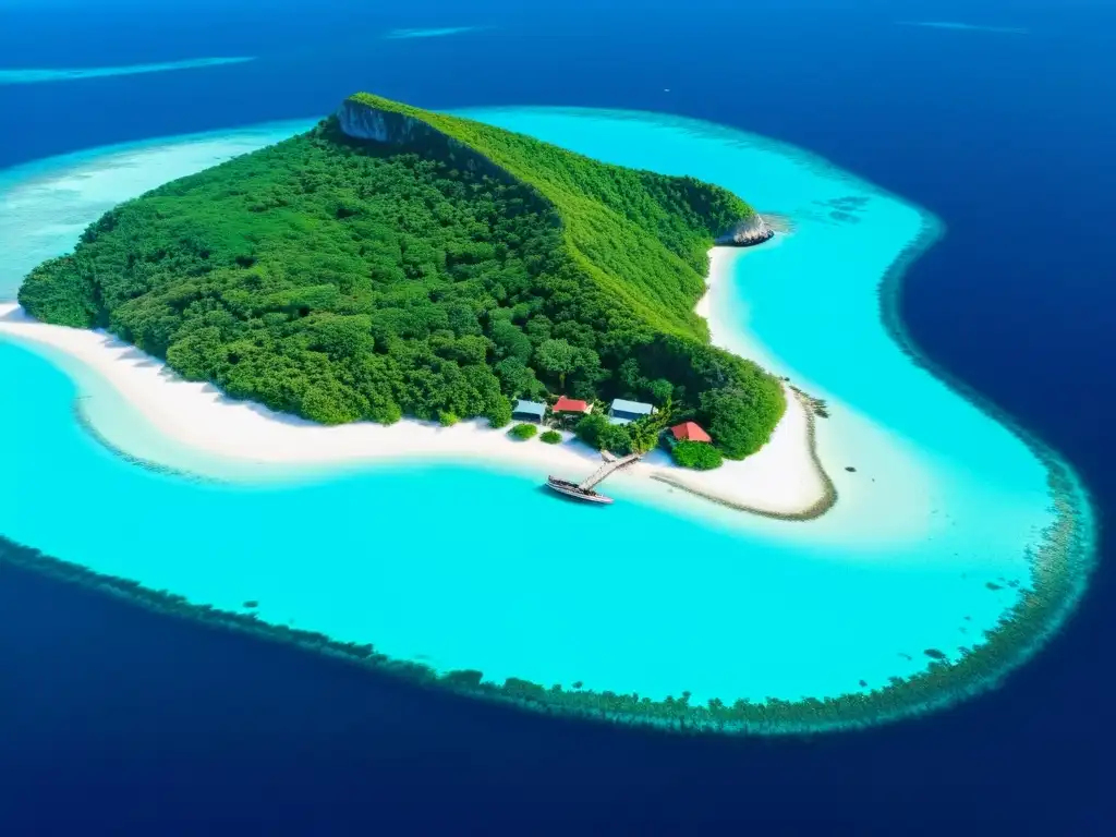 Paradisíaca isla remota: tranquilidad y color Vista aérea de una isla remota con turismo de pequeña escala en islas remotas, con aguas cristalinas y un pueblo junto al mar