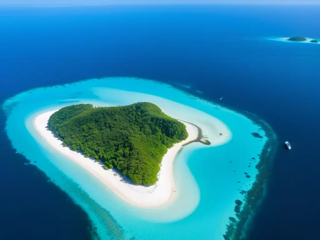 Paraíso natural: isla remota con belleza intocada Vista aérea de isla remota con aguas azules, exuberante vegetación y barcos
