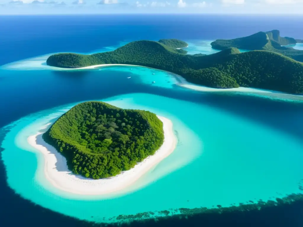 Paraíso intocado: Isla remota en aguas turquesas Vista aérea de isla remota, playas blancas, arrecifes de coral y bosques verdes