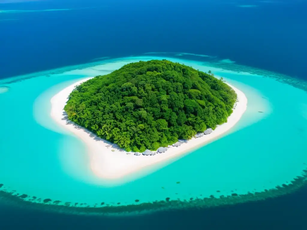 Retiro de bienestar en isla paradisíaca: tranquilidad y naturaleza Vista aérea de una isla solitaria con playas de arena blanca, aguas turquesas y retiros de bienestar naturales