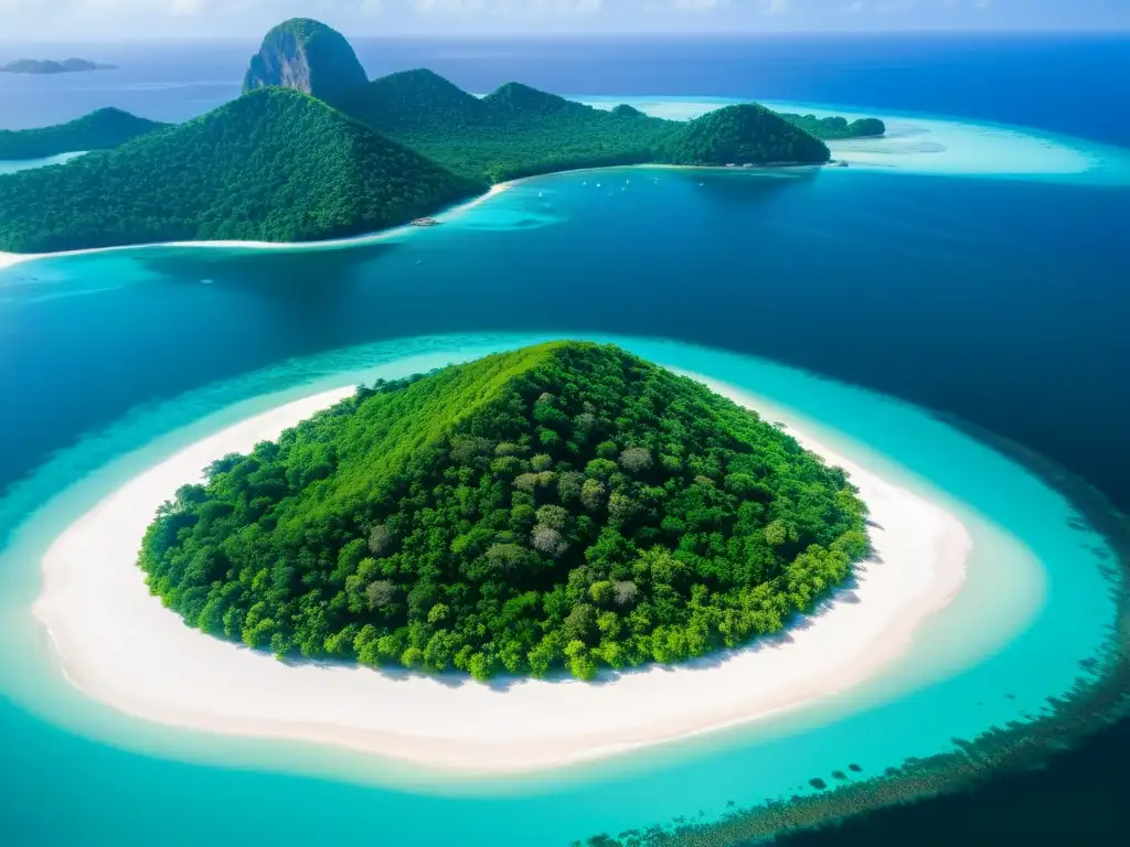 Paraíso tranquilo: isla con aguas turquesas y spas lujosos Vista aérea de una isla tranquila rodeada de aguas turquesas, playas blancas y retiros de bienestar naturales