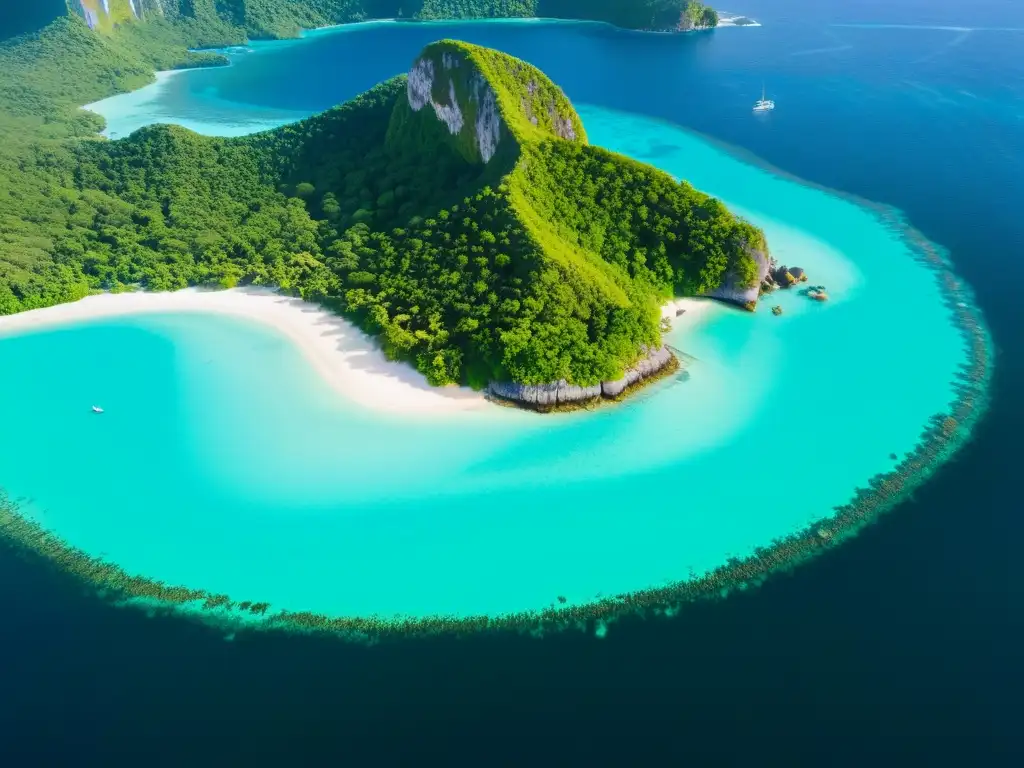 Isla tropical paradisíaca: belleza natural impresionante Vista aérea de isla tropical exuberante rodeada de aguas turquesas