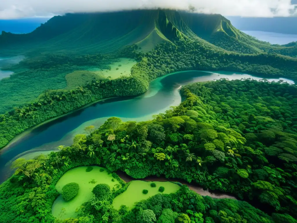 Melanesia: Tesoro Natural y Cultural Vista aérea del mosaico lingüístico Melanesia Pacífico, con exuberantes selvas, montañas escarpadas y ríos cristalinos serpenteando