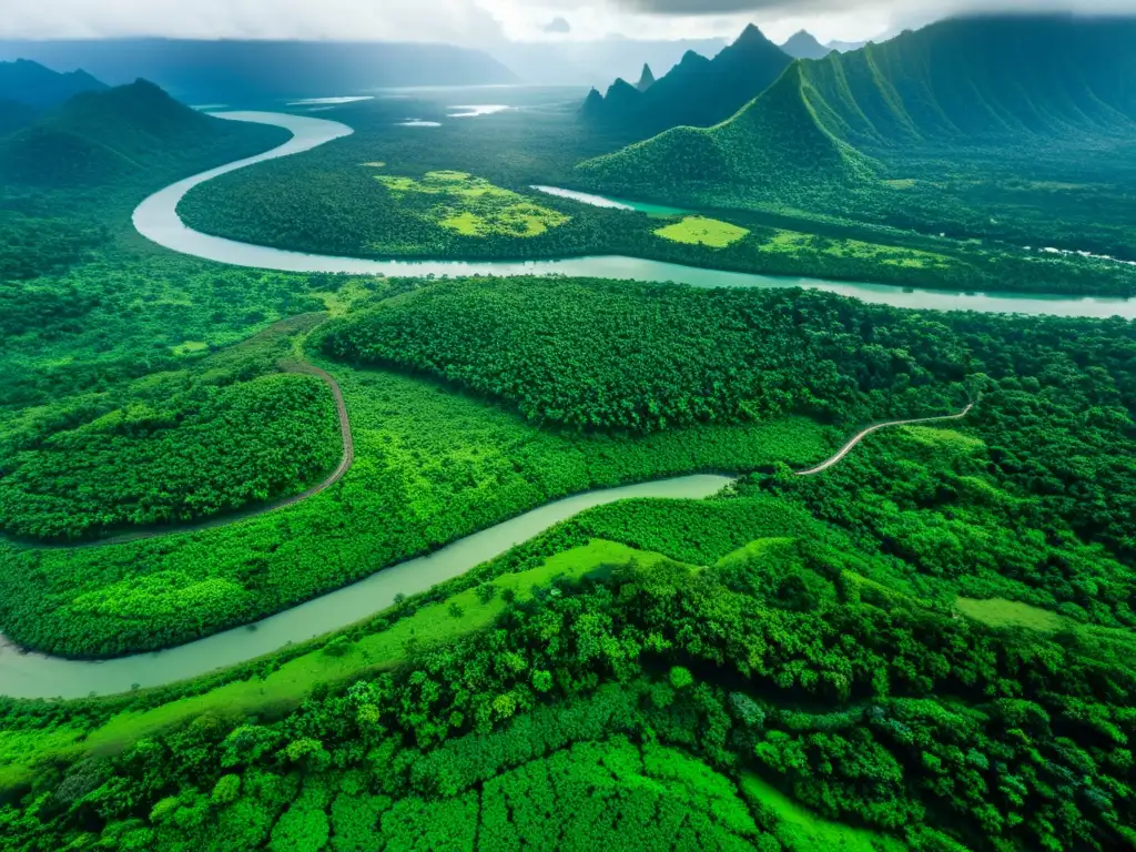 Contraste impactante: Naturaleza exuberante vs Vista aérea de paisaje exuberante en Melanesia con operación minera, evocando controversias de la minería en Melanesia