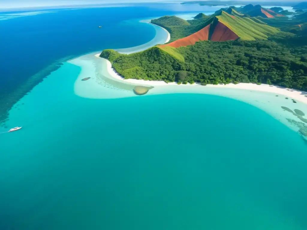 Paraíso en Nosy Be, Madagascar: paisajes exuberantes y aguas turquesas Vista aérea de Nosy Be, Madagascar, con paisajes verdes, aguas turquesas y arrecifes