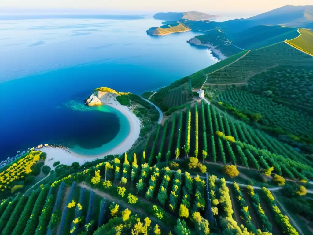 Espectacular atardecer en la isla de Salina, viñedos y mar turquesa Vista aérea de la pintoresca isla de Salina, con sus colinas verdes y viñedos que se extienden hacia la costa, en el Mediterráneo