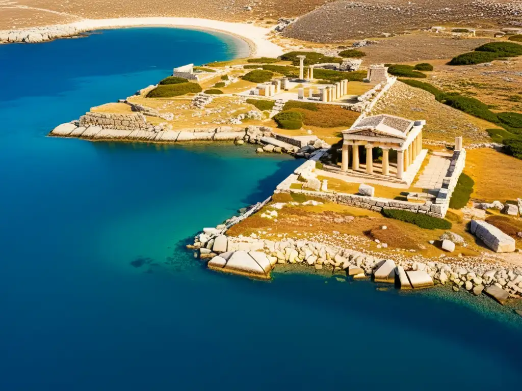 Ruinas antiguas de Delos: belleza eterna en el atardecer Vista aérea de ruinas antiguas en Delos, isla deshabitada en el mar Egeo