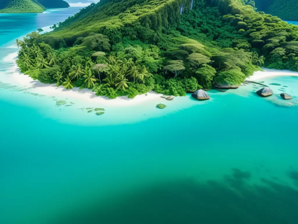 Isla tropical: equilibrio entre agua y energía Vista cercana de una exuberante isla tropical con agua cristalina y un bosque verde vibrante