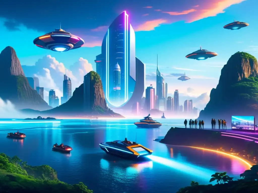 Metrópolis futurista en isla remota: rebelión y tecnología Vista de la ciudad futurista en una isla remota, rodeada por un campo de fuerza